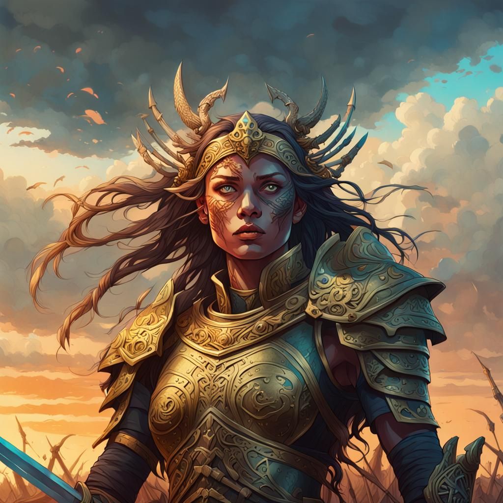 Ethereal Warrior Princess Reigns in Ancient Field of Bones