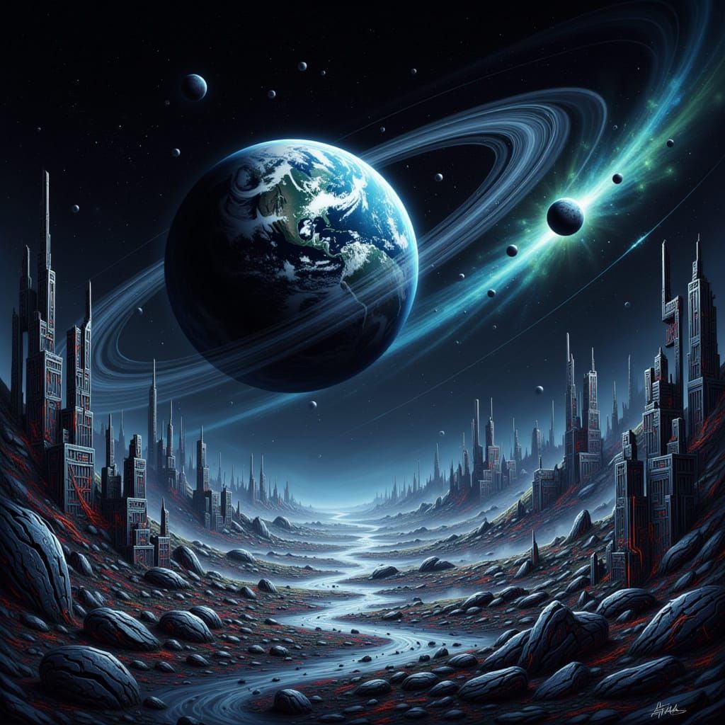 Barren Earth Orbits Gas Giant in Surreal Space Landscape