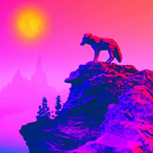 Wolf on Cliff in Synthwave Neon Style