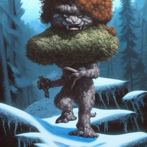 Mossy Mountain Troll in Winter, Hyperrealistic Comic Art