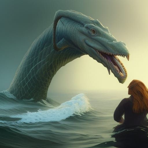 Loch Ness Monster Portrait in Art Nouveau Style