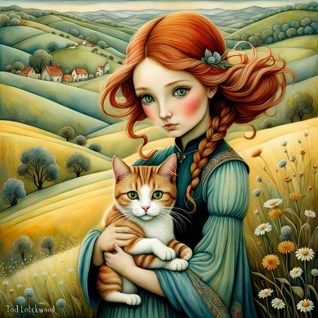 Girl with Cat in Whimsical Watercolor Landscape