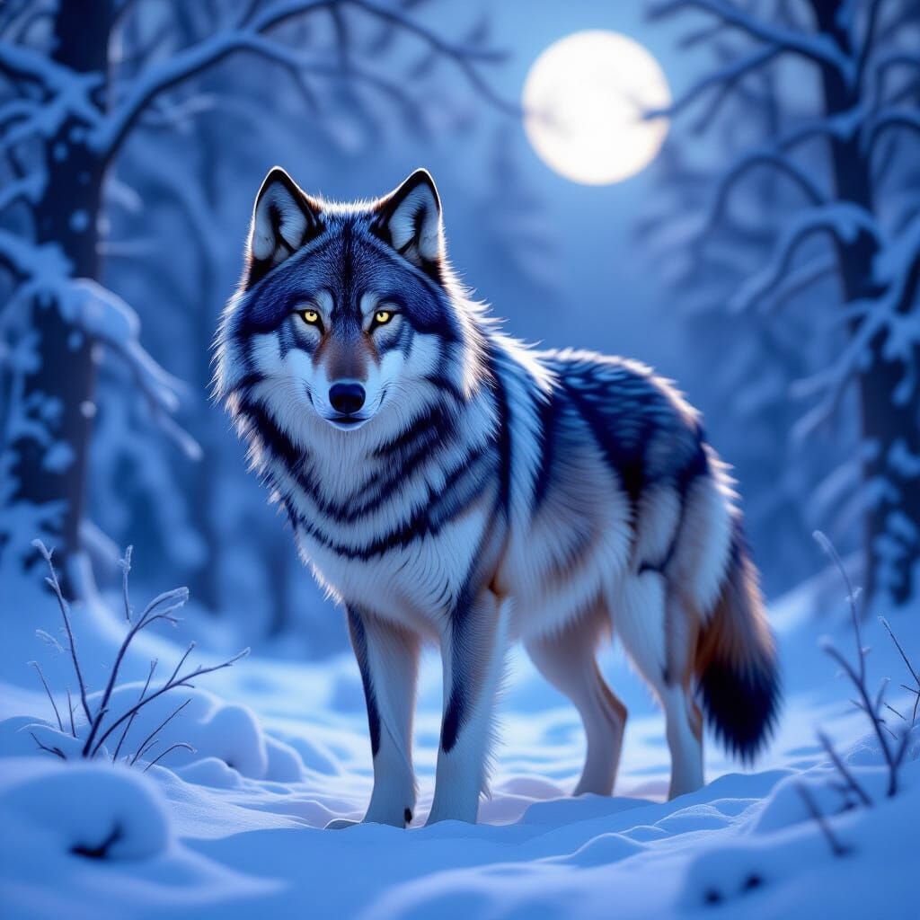 Mystical Winter Wolf in Moonlit Forest