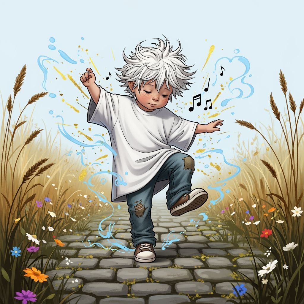 Airbush digital illustration of a cute little boy, white messy hair, oversized white tshirt, dirty jeans, hopping and bo...