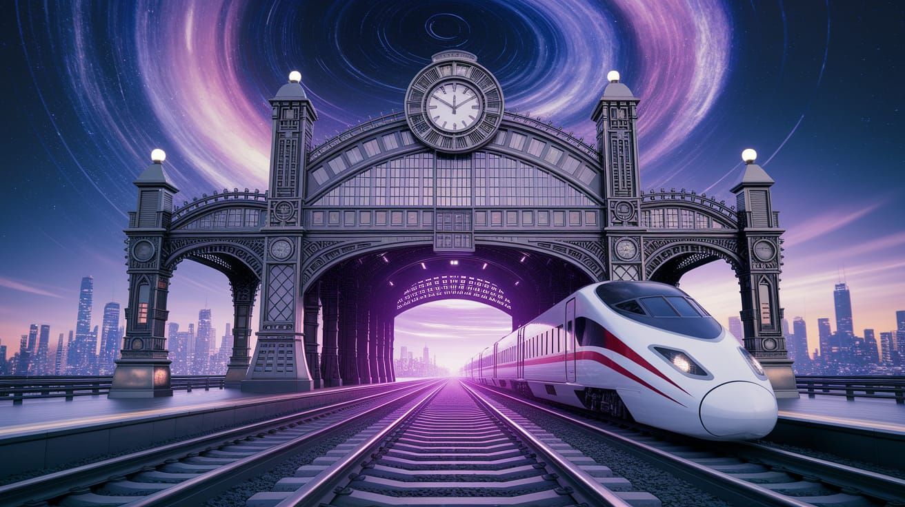 Cyberpunk Railway Station Under Starlit Sky