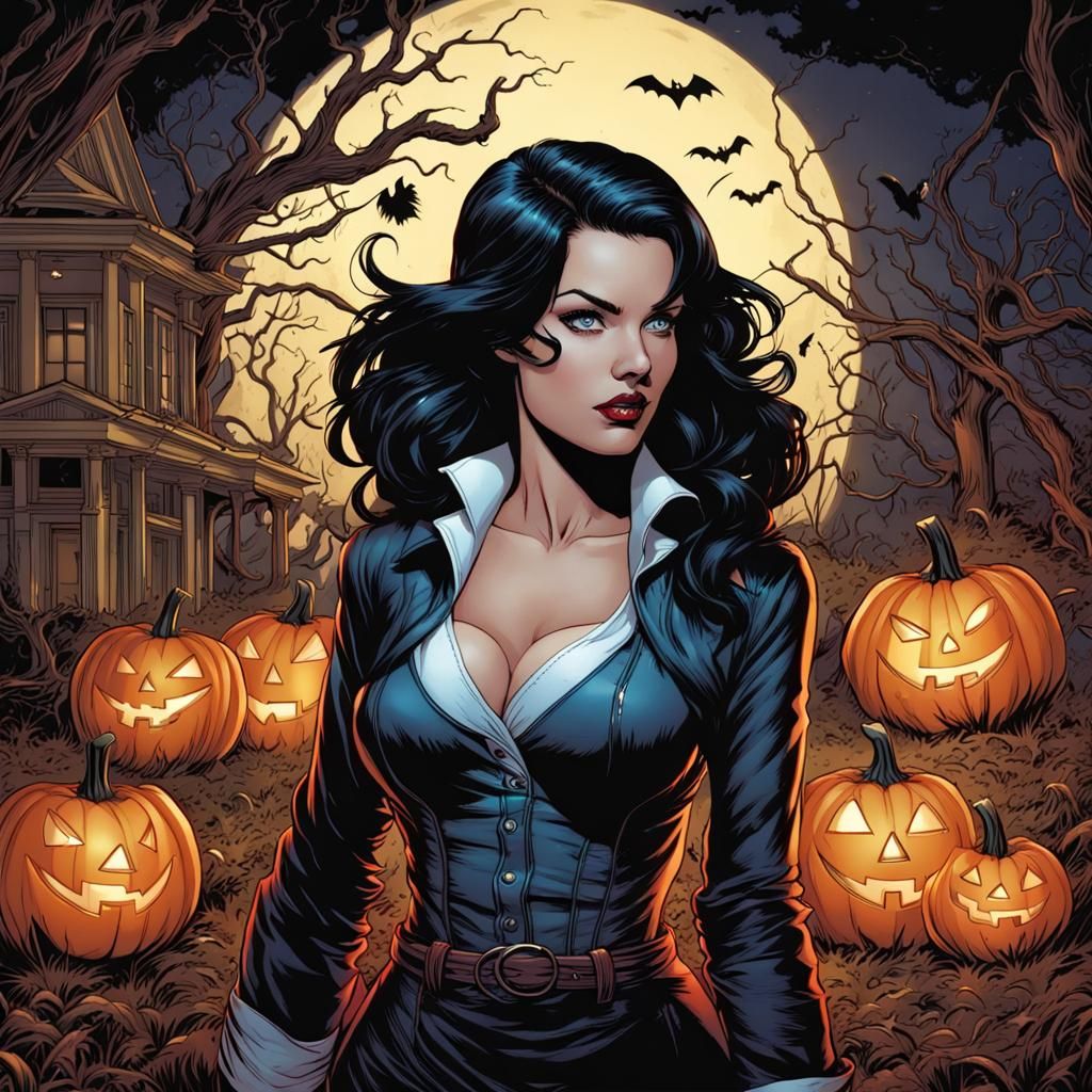 Dark-Haired Woman in Comic Book Halloween Art