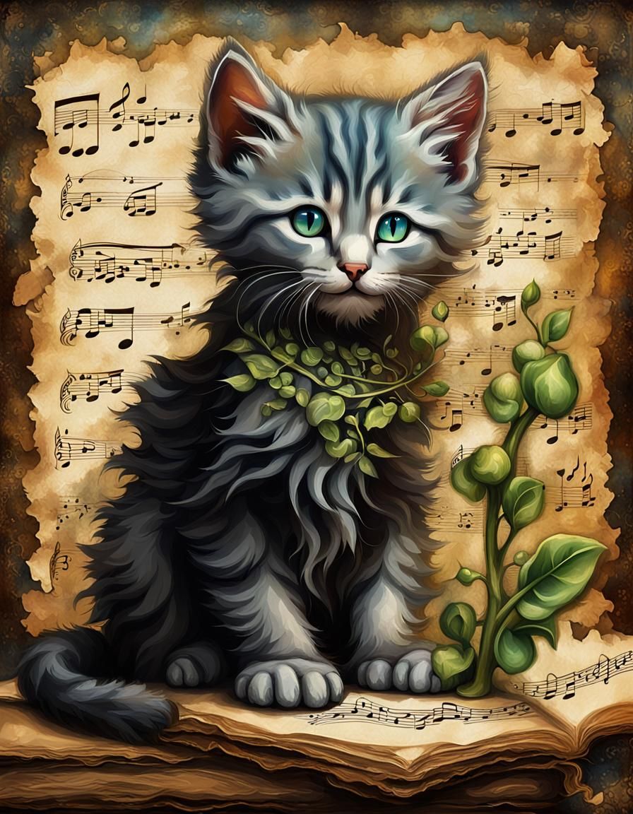 Ornate Scroll with 3D Kitten in Dark Fantasy Style