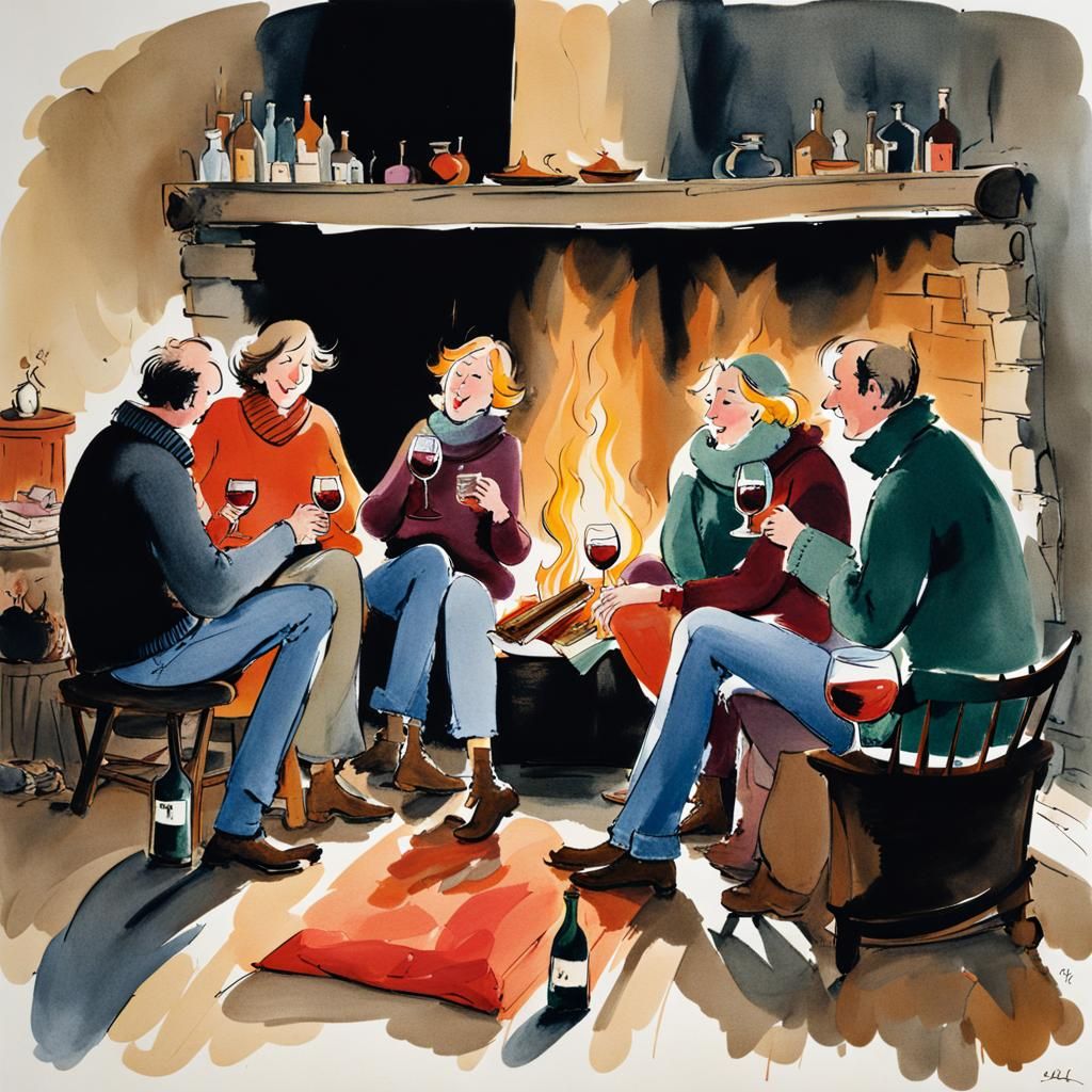 Cozy Gathering by Log Fire, Cartoon Illustration