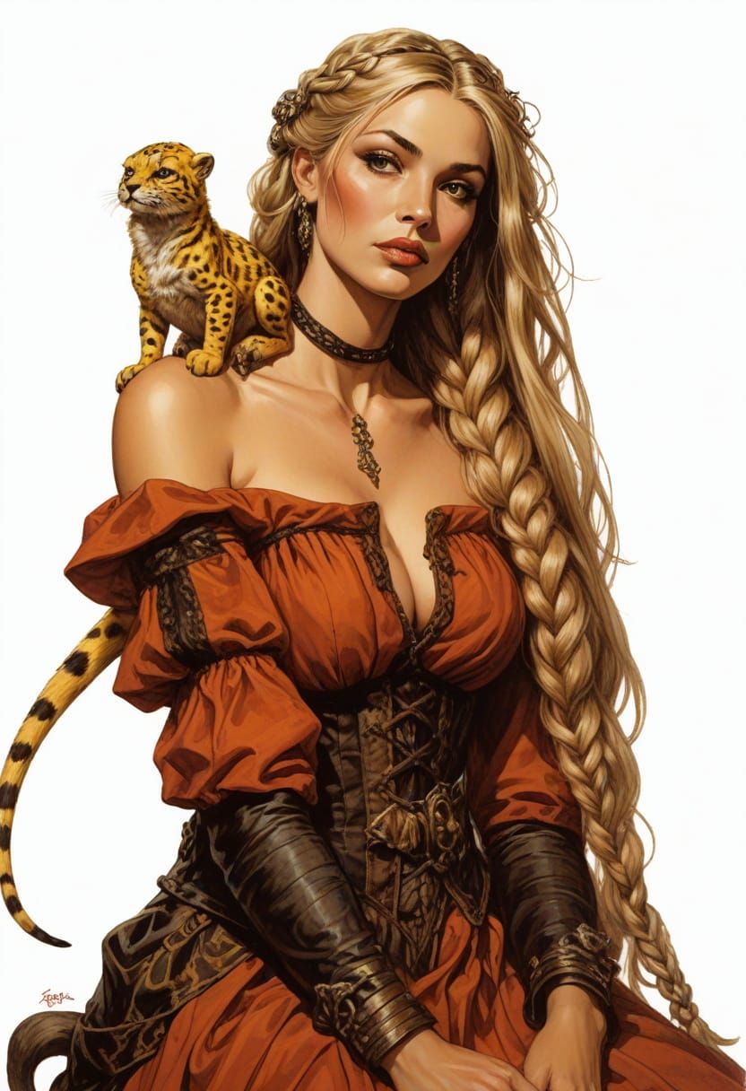 Regal Lady with Exotic Menagerie in Baroque Style