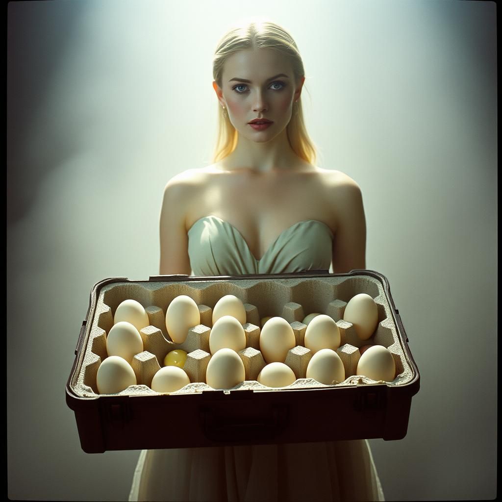 Ethereal Woman Guarding Eggs: Film Noir Still