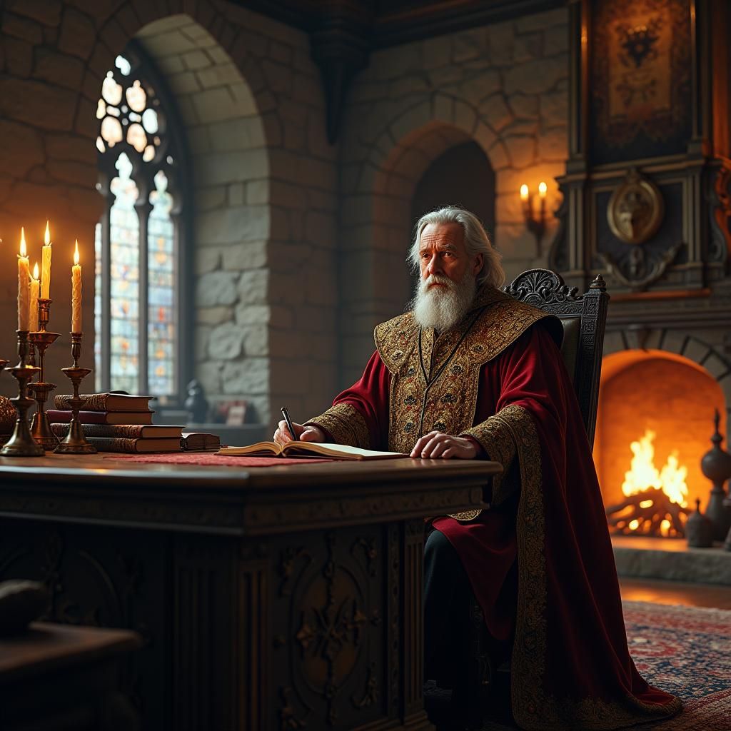 Medieval Mayor in Mystical Office, Detailed Matte Painting