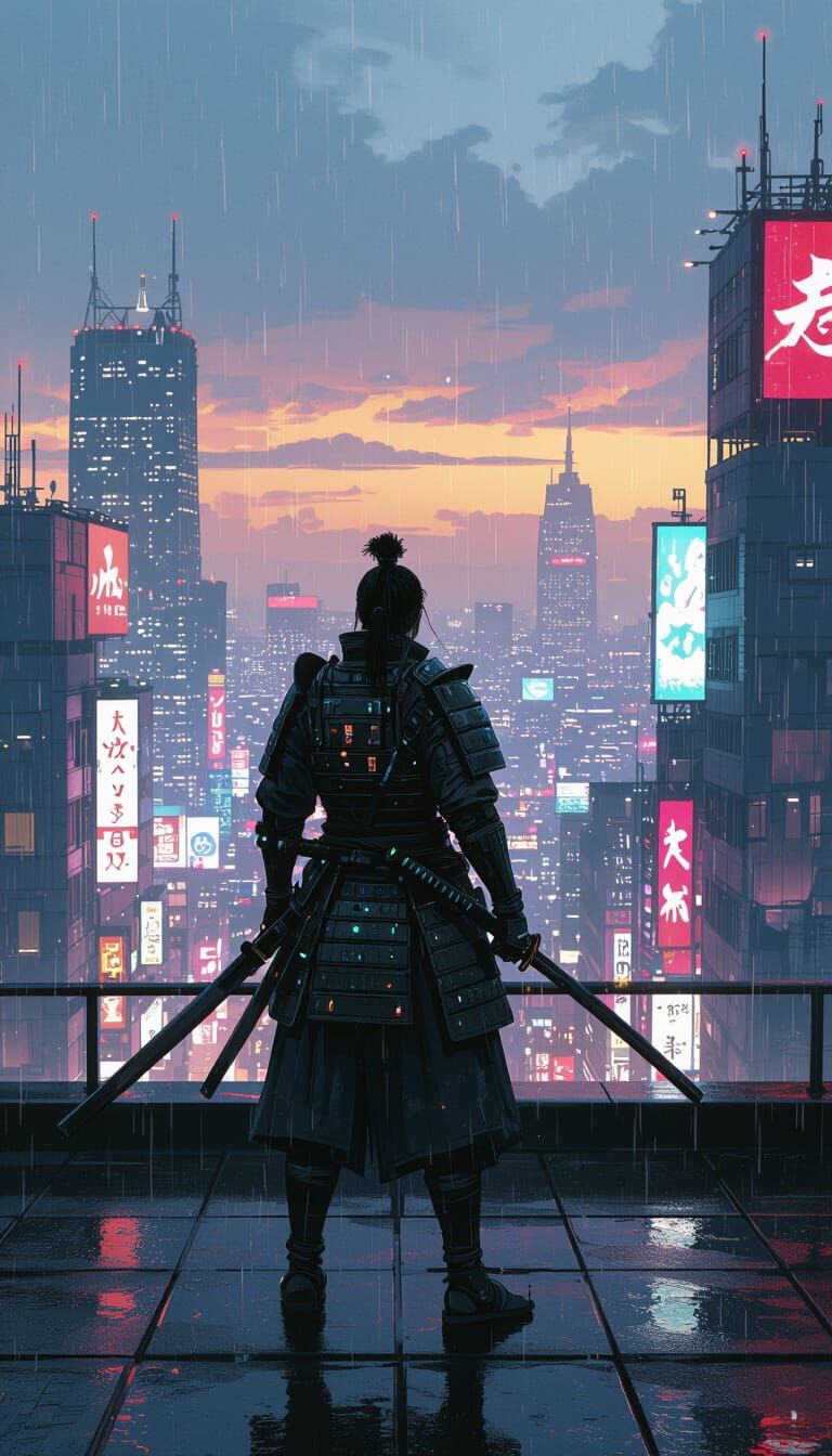 Cyberpunk Samurai in Rain-Slicked City at Dusk