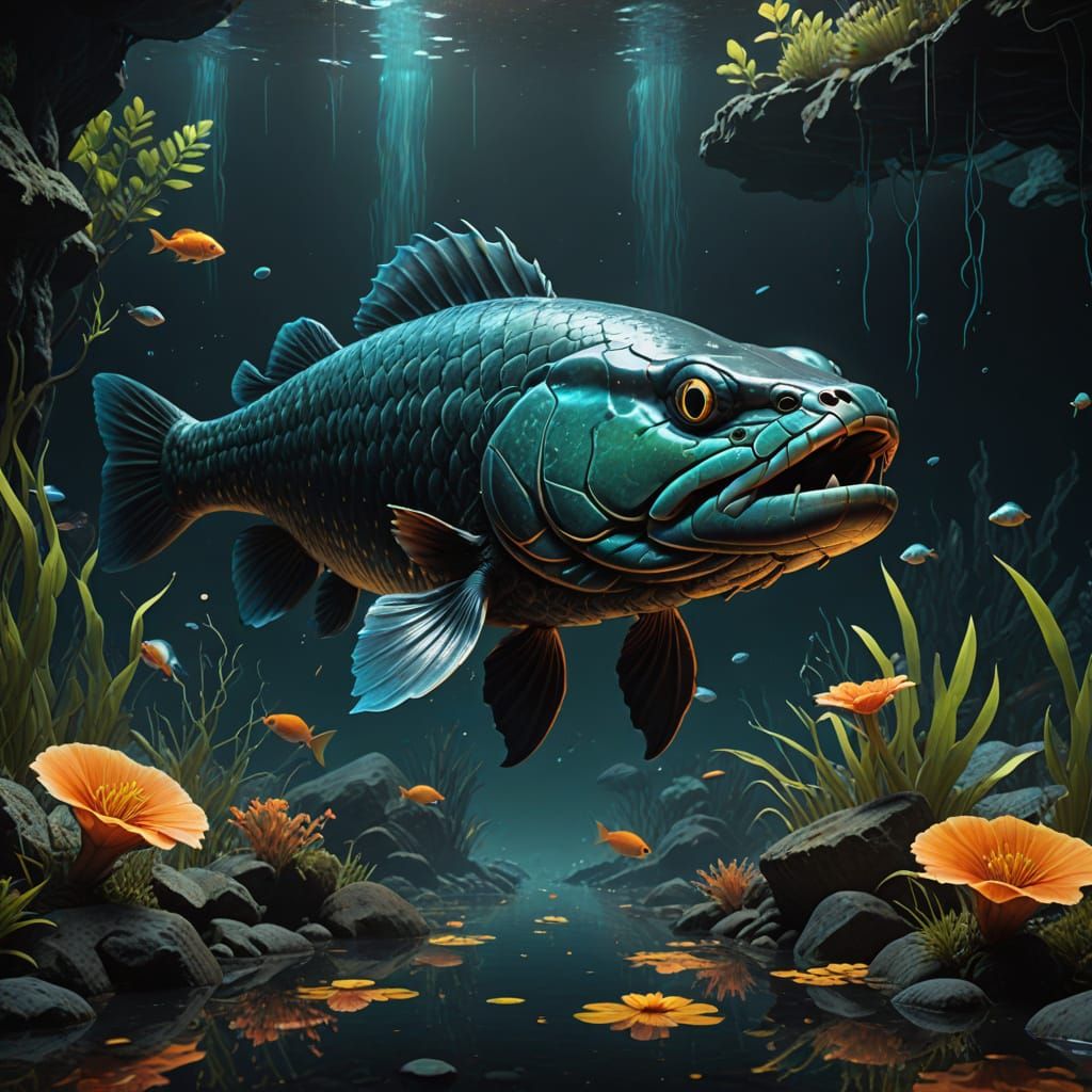 Majestic Giant Snakehead Fish in Iridescent Turquoise and Am...