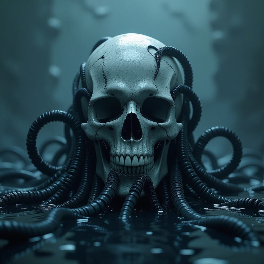 Biomechanical Skull Rises From Oily Tendrils