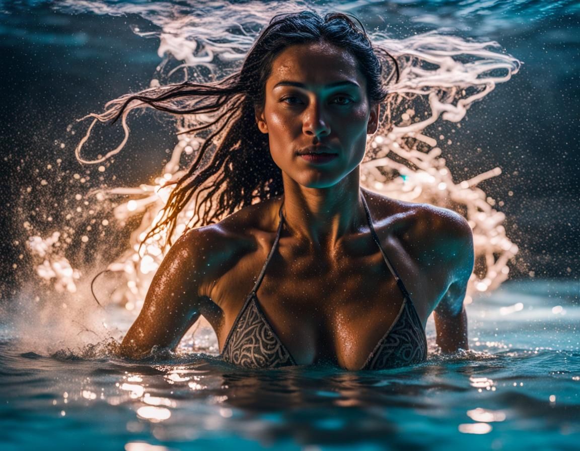 Polynesian Woman Swimming in Bioluminescent Water