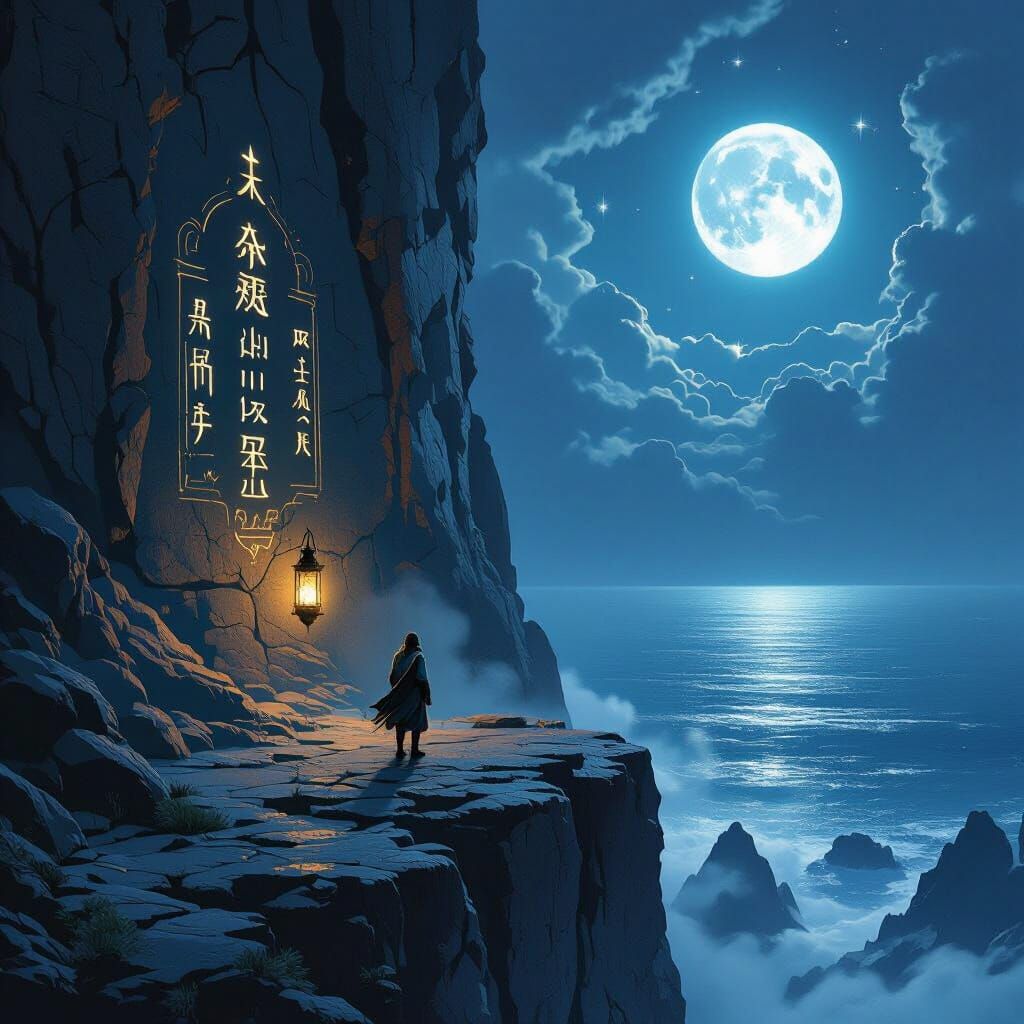 Adventurer Gazes at Twin Moons Over Vast Ocean