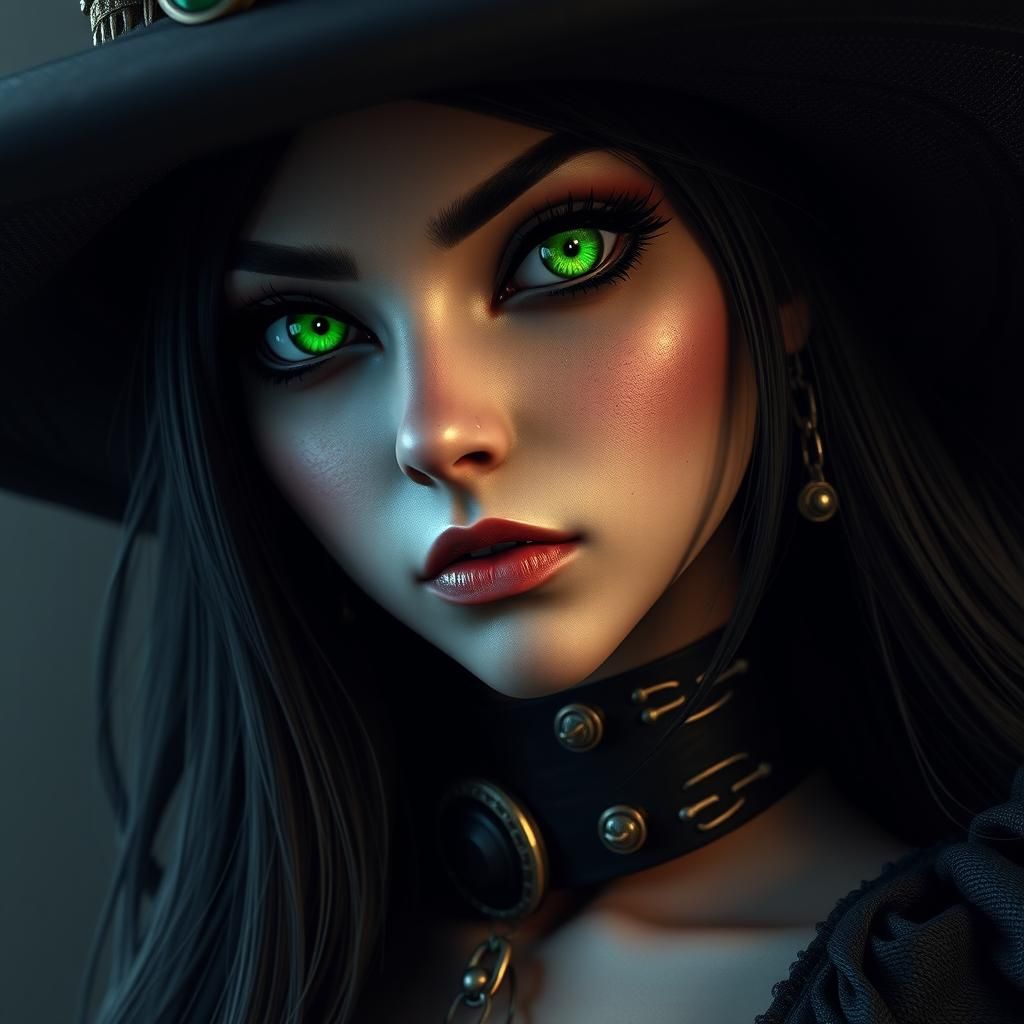 Gothic Steampunk Witch with Green Eyes