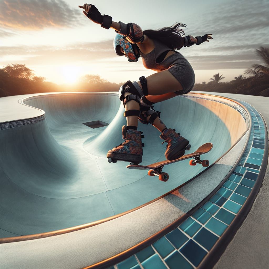 Skateboarder Performs Trick in Empty Pool at Sunset