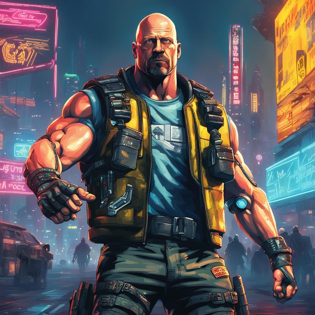 Cyborg Wrestler Clapping Beer Cans in Cyberpunk City