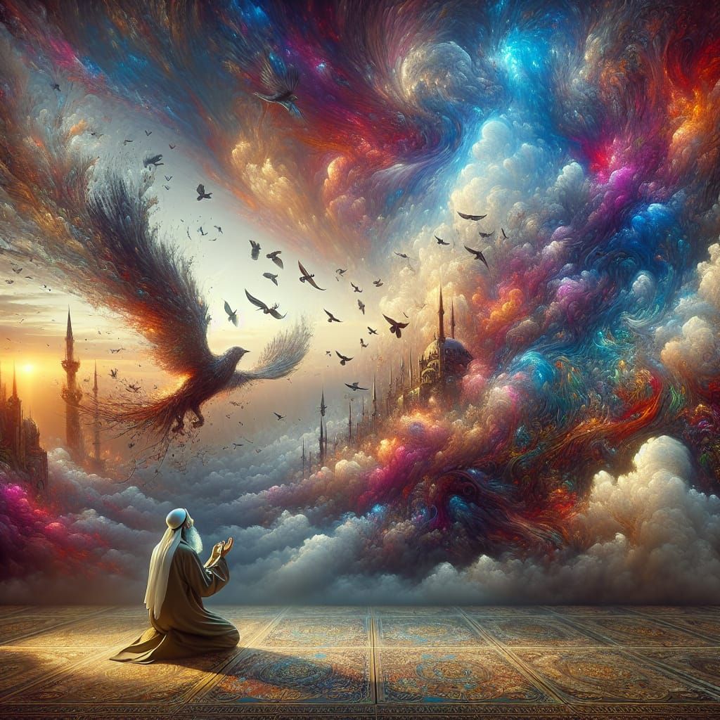 Man Praying Under Unfolding Sky With Birds