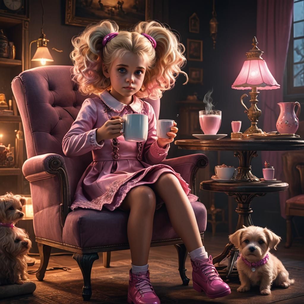 Little Blonde Girl with Rollers Drinking Hot Chocolate