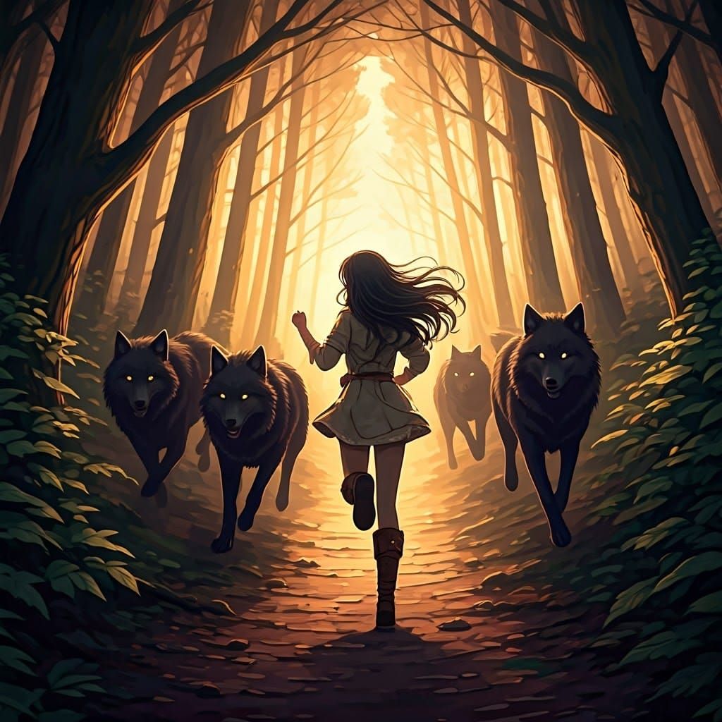 Girl Runs with Wolves Through Misty Forest in Anime Style