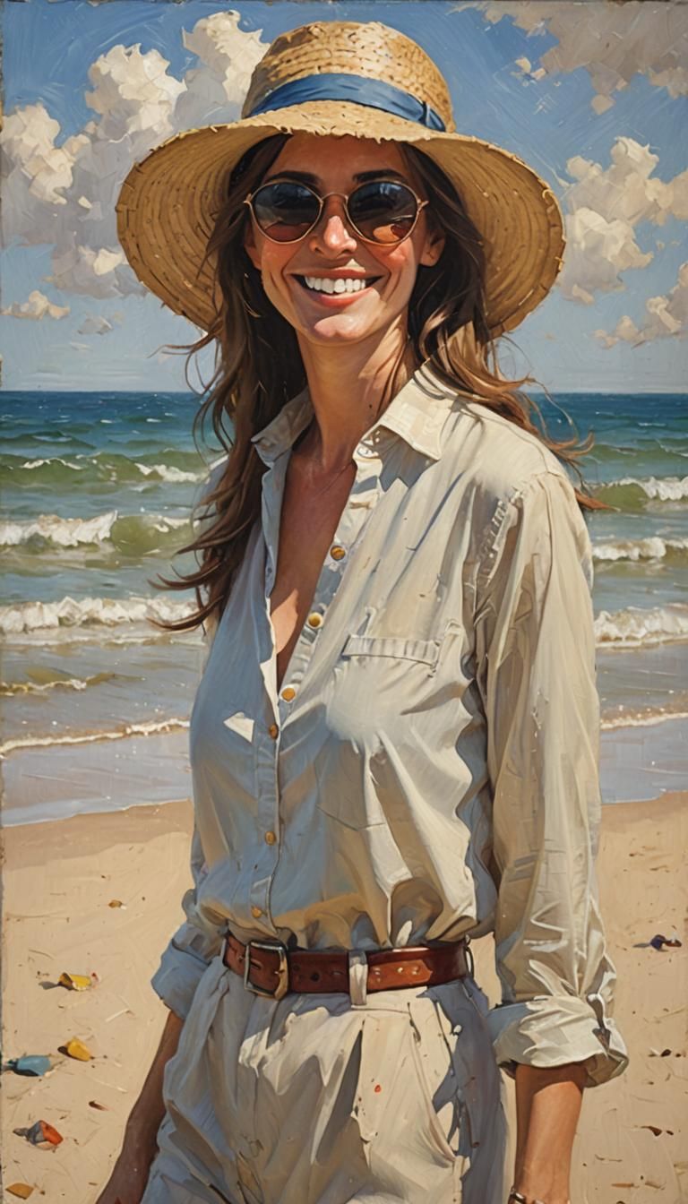 Woman on Beach, Smiling, in Gurney Style