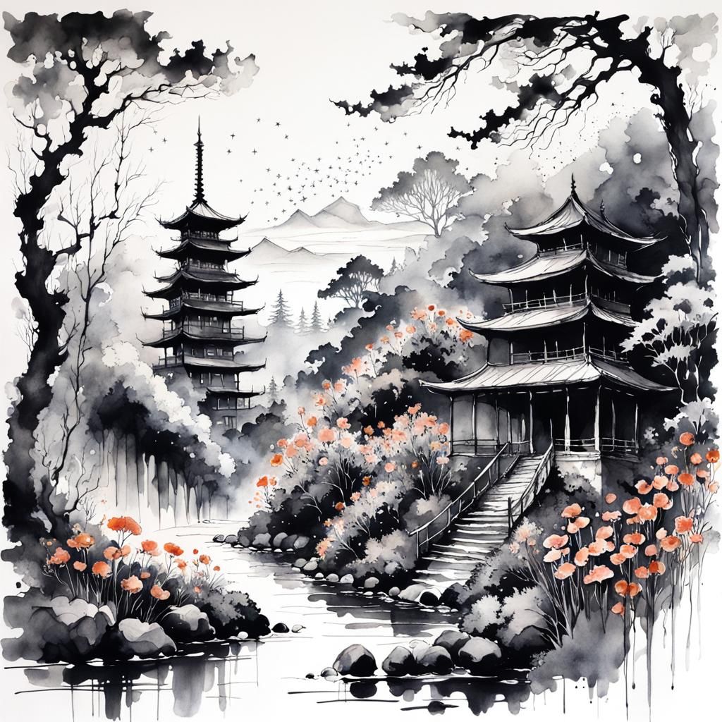 Ominous Mansion Pagoda in Japanese Ink Art
