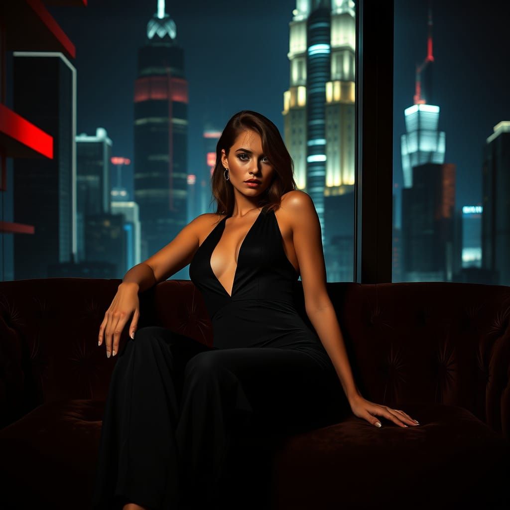 Sleek Girl on Velvet Couch, Cityscape Backdrop