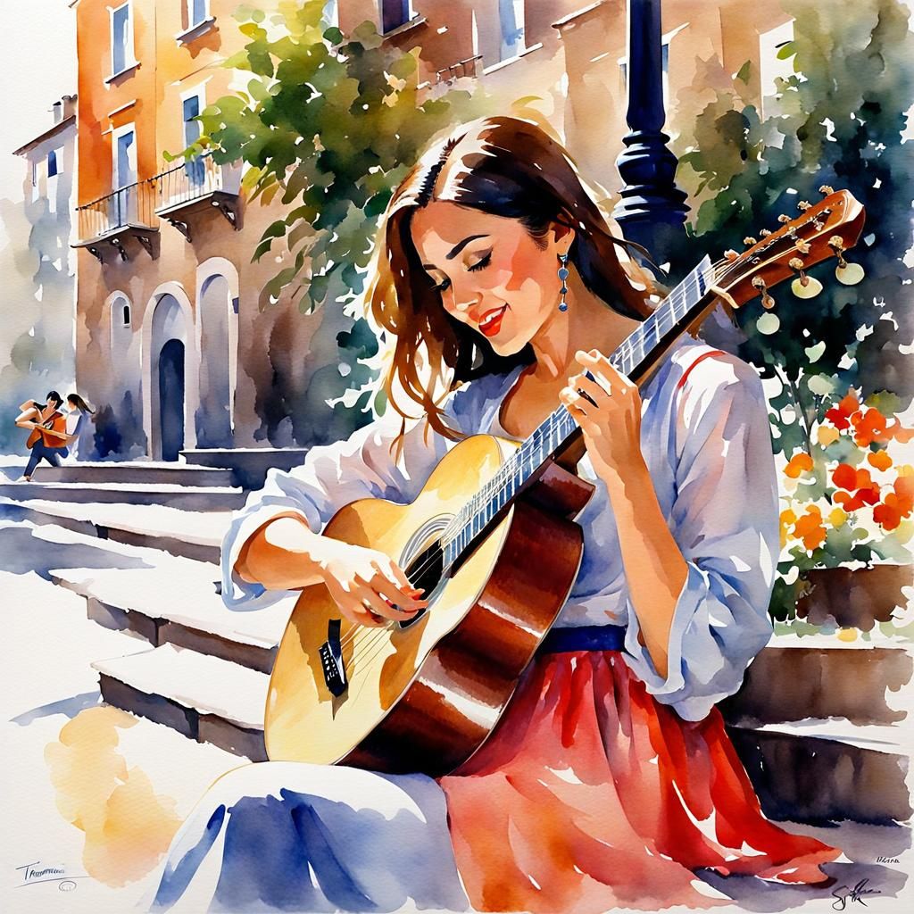 Watercolor Painting of Girl Playing Guitar