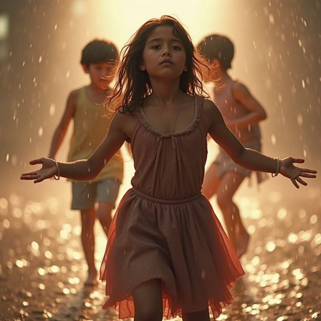 Children Brave Stormy Rain in Cinematic Low-Key Photo