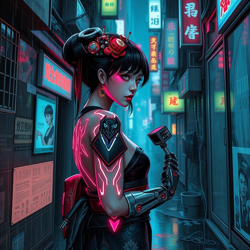 Cyberpunk Geisha in Futuristic Tokyo Alleyway
