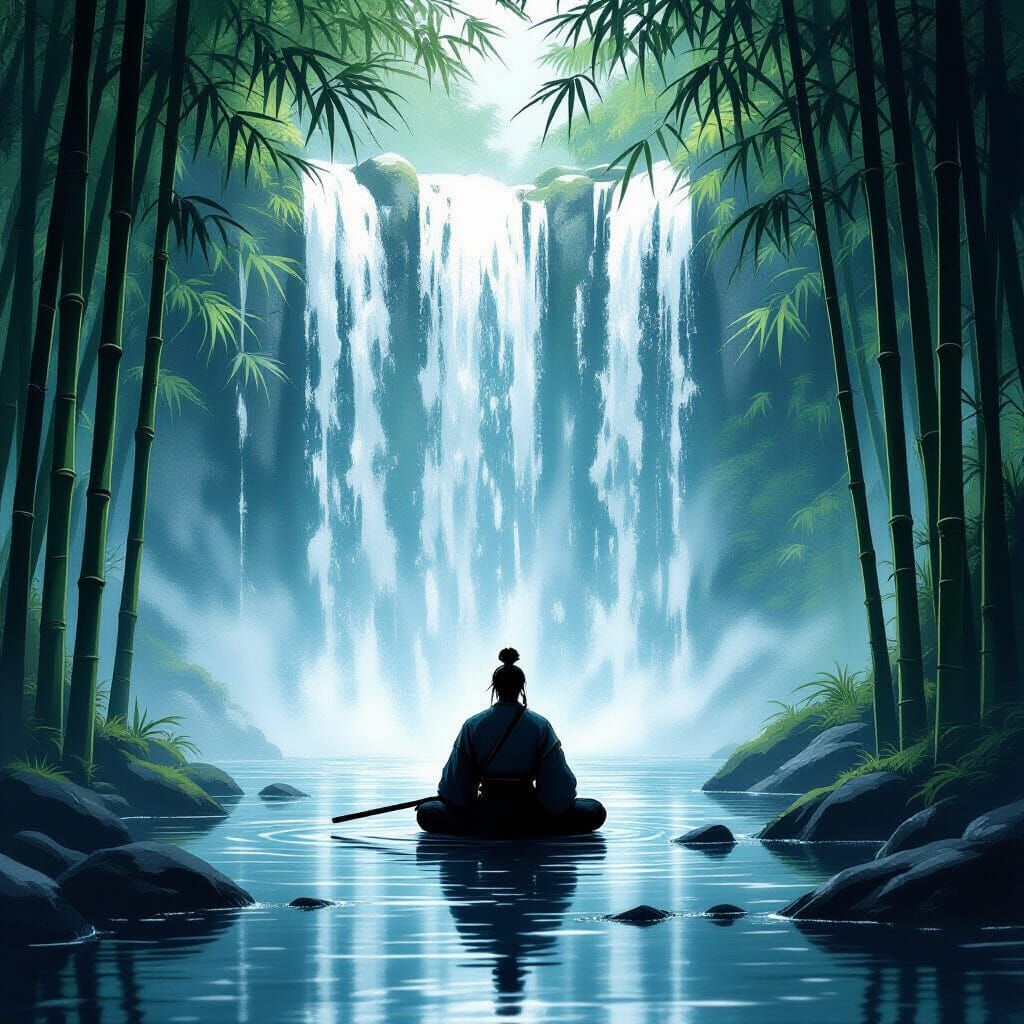Lone Samurai Meditating by Waterfall in Serene Bamboo Forest