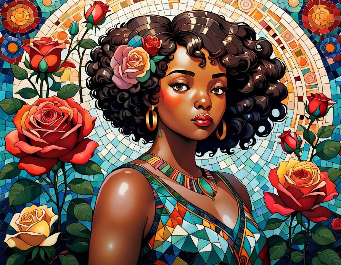 Art Deco Mosaic: Roses and Studio Ghibli Woman