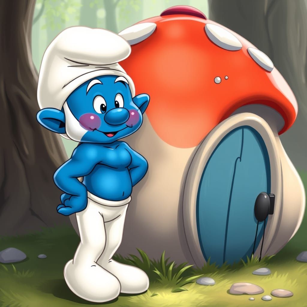 Beefcake Smurf, fit body, blue skin, white hat, bare chest, white leggings with feet, beside his large mushroom home tha...