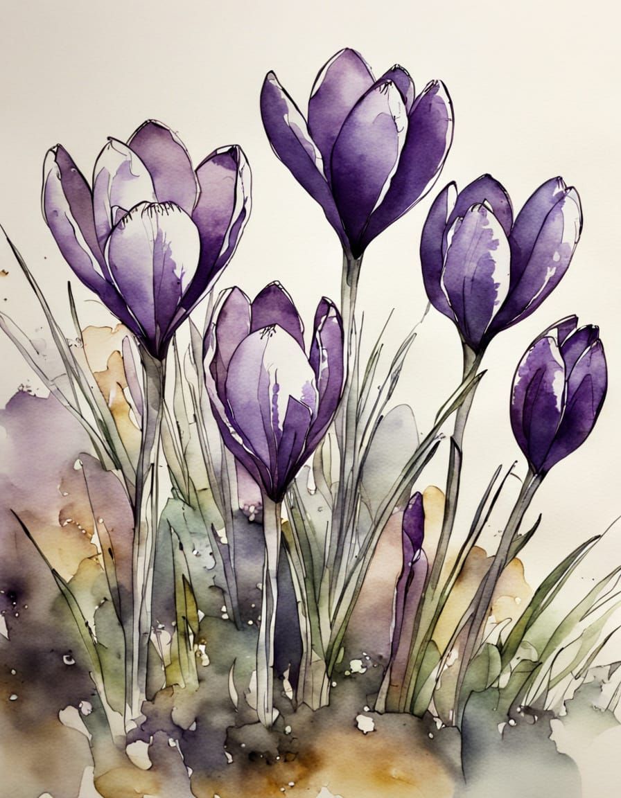 Delicate Purple and White Crocus Flowers in Ink and Watercol...