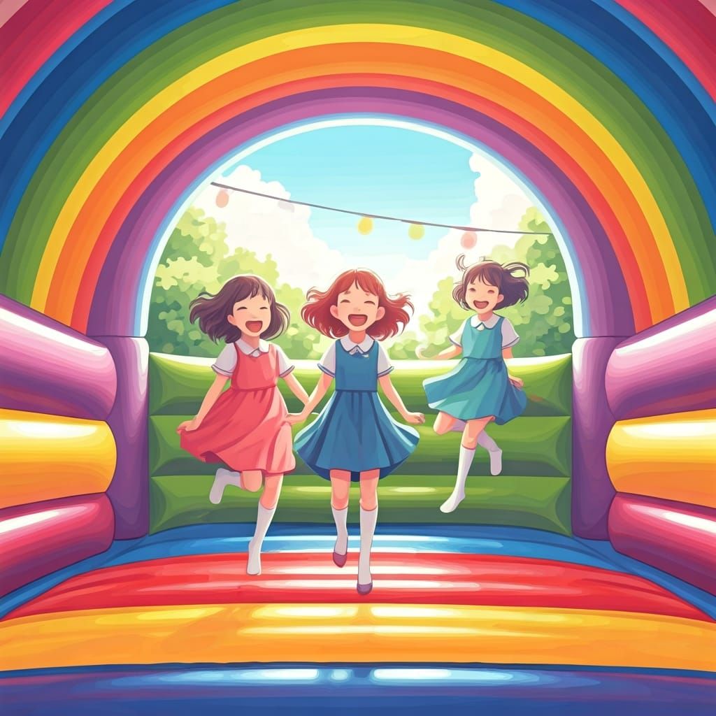 Cheerful Girls in a Rainbow Bouncy House, Ghibli-esque