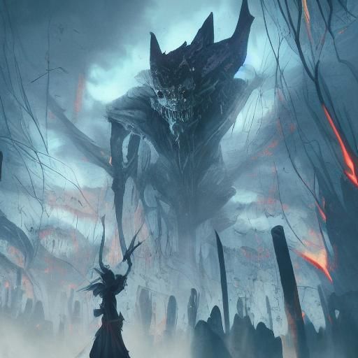 Terrifying Creature Leering from Shadows in Dark Fantasy Art