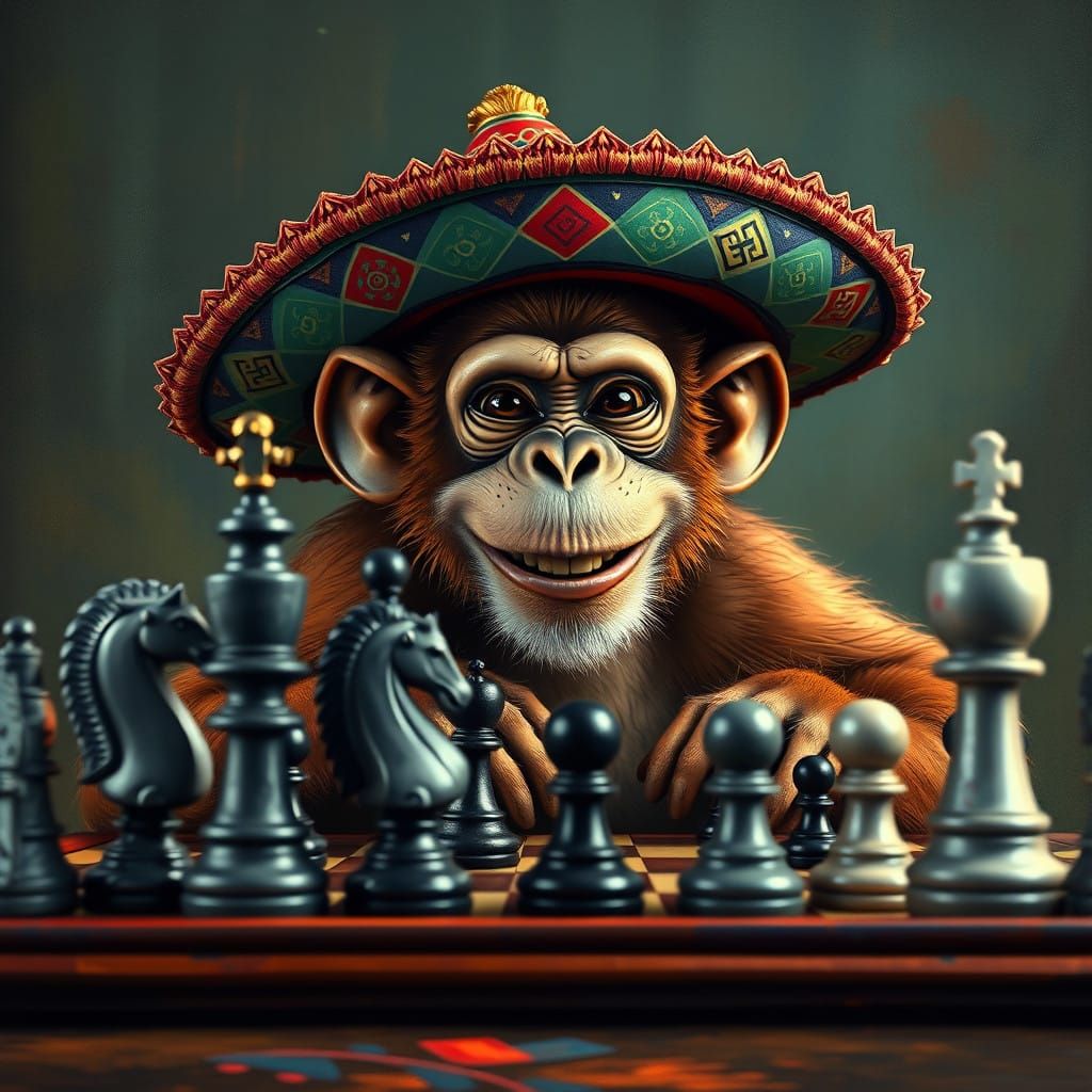 Monkey in Sombrero Chess Game Oil Painting