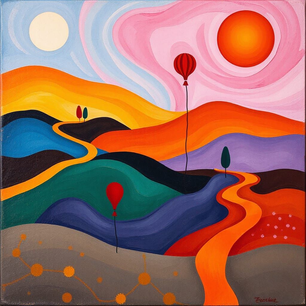 Dreamlike Landscape in Vibrant, Geometric Style