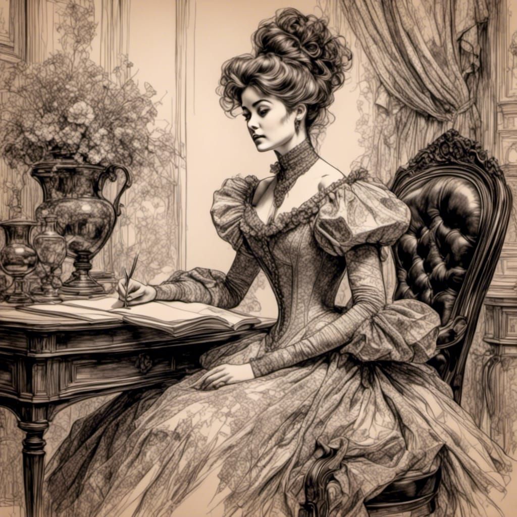 Gibson Girl Ink Drawing in Vintage Style