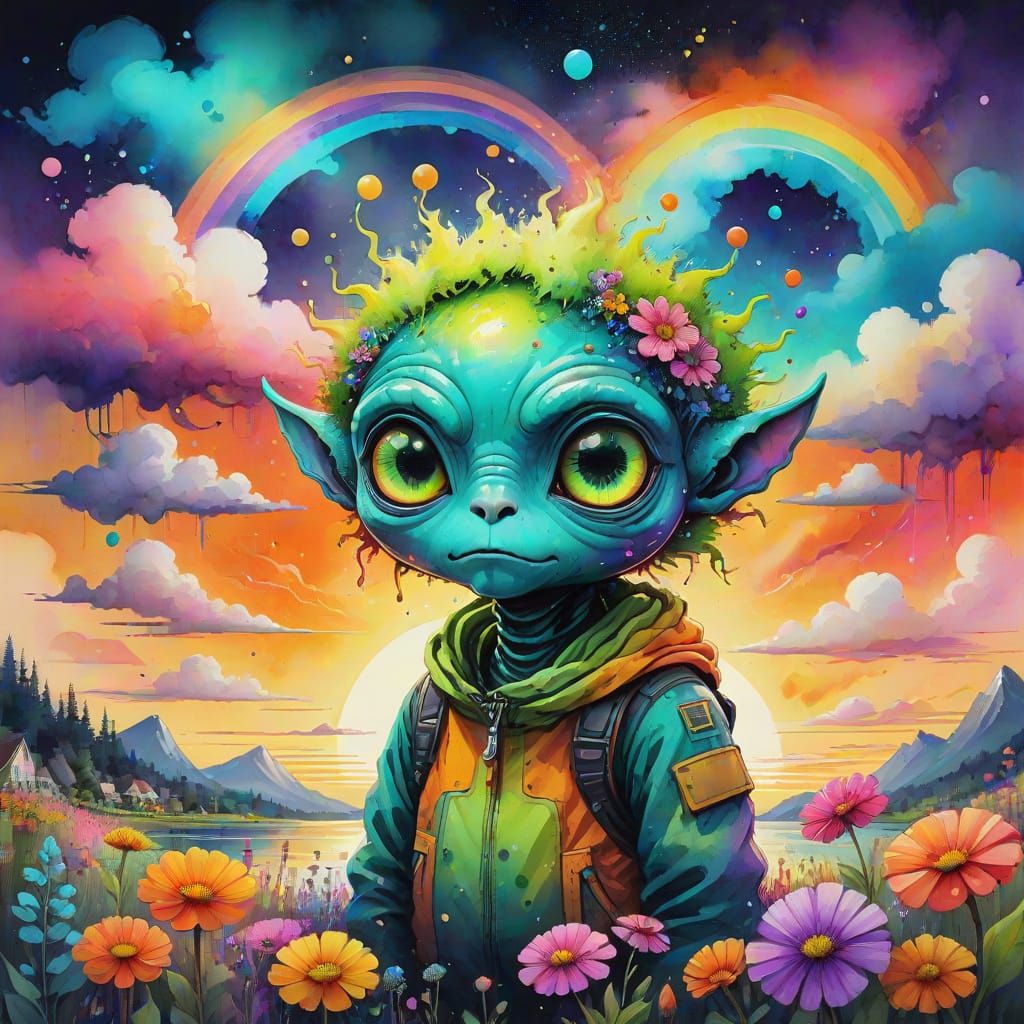 Abstract Sunset Harbor in Neon Alcohol Ink Style