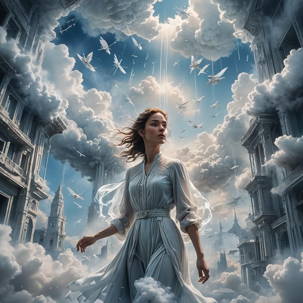 Ethereal Woman Flies Through Cloud City
