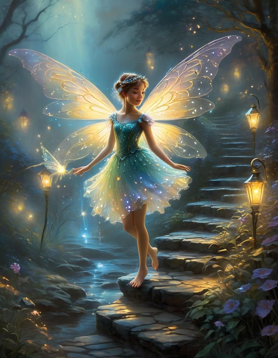 Glowing Fairy in Enchanted Forest, Oil Painting