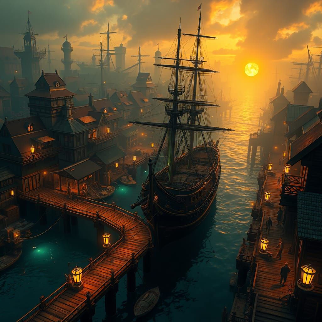 Mystical Dockyard at Dusk: Fantasy Concept Art