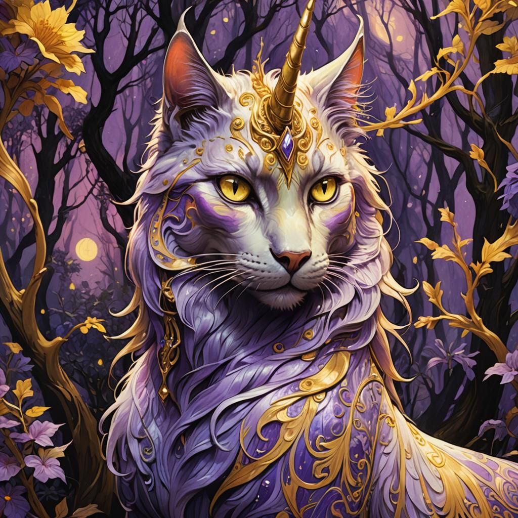 Mystical Cat Riding Unicorn in Dark Fantasy Art