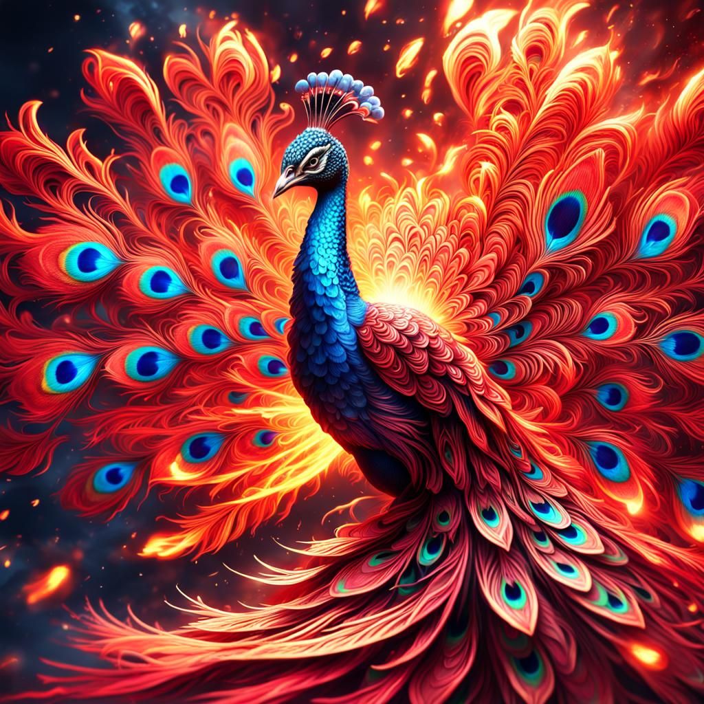 Fiery Red Peacock with Magic Swirls