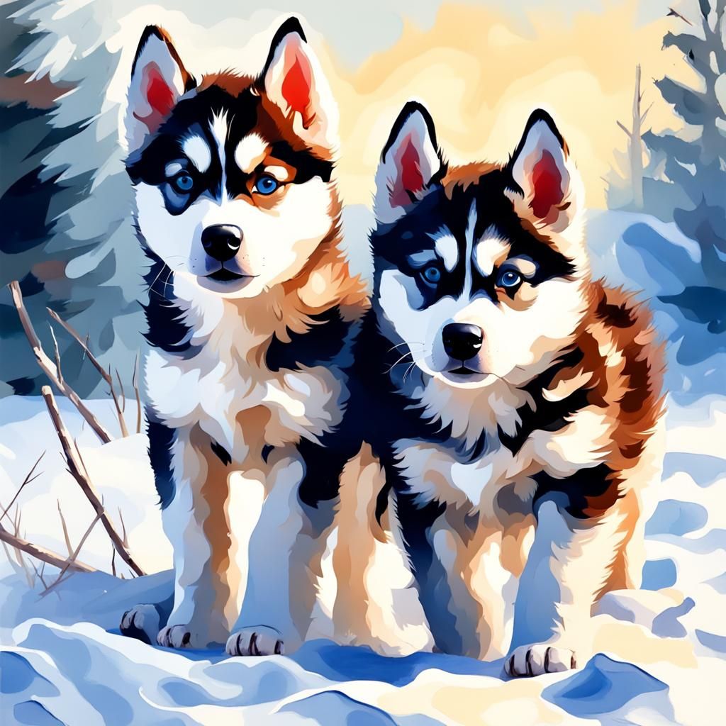 Husky Puppies Frolic in Snowy Gouache Painting
