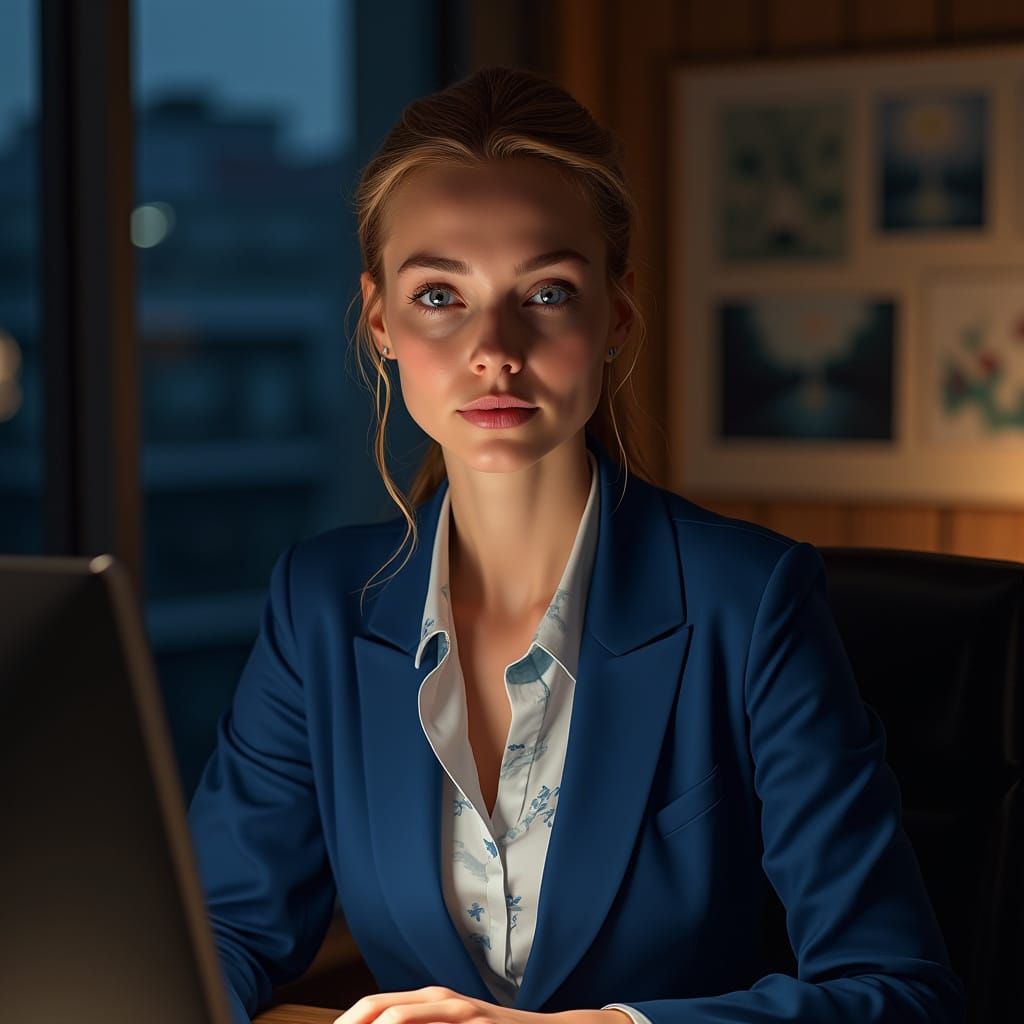 Woman in Office at Night, Illuminated by Computer Screen