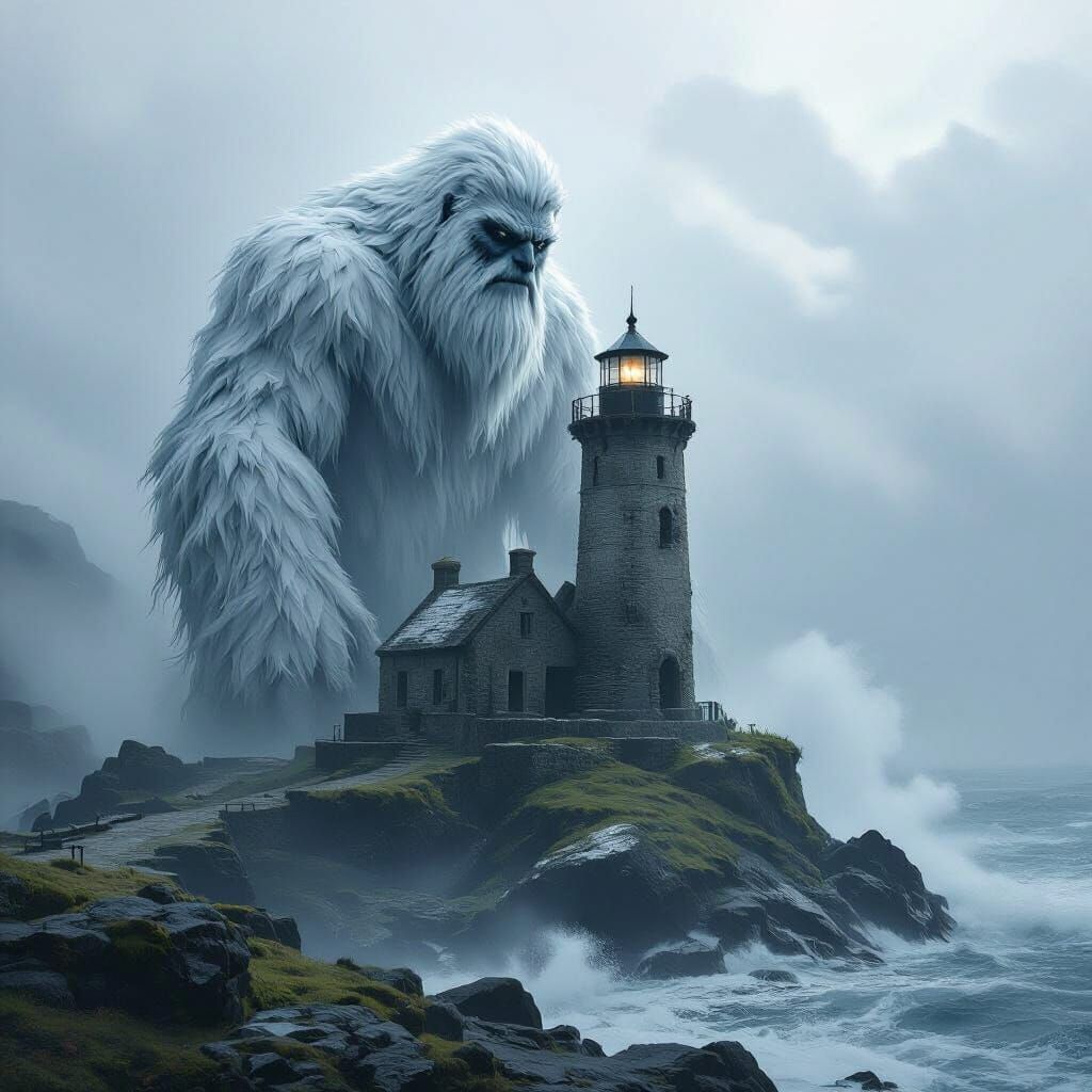 Ancient Yeti Guards Stormy Lighthouse in Hyperrealistic Styl...